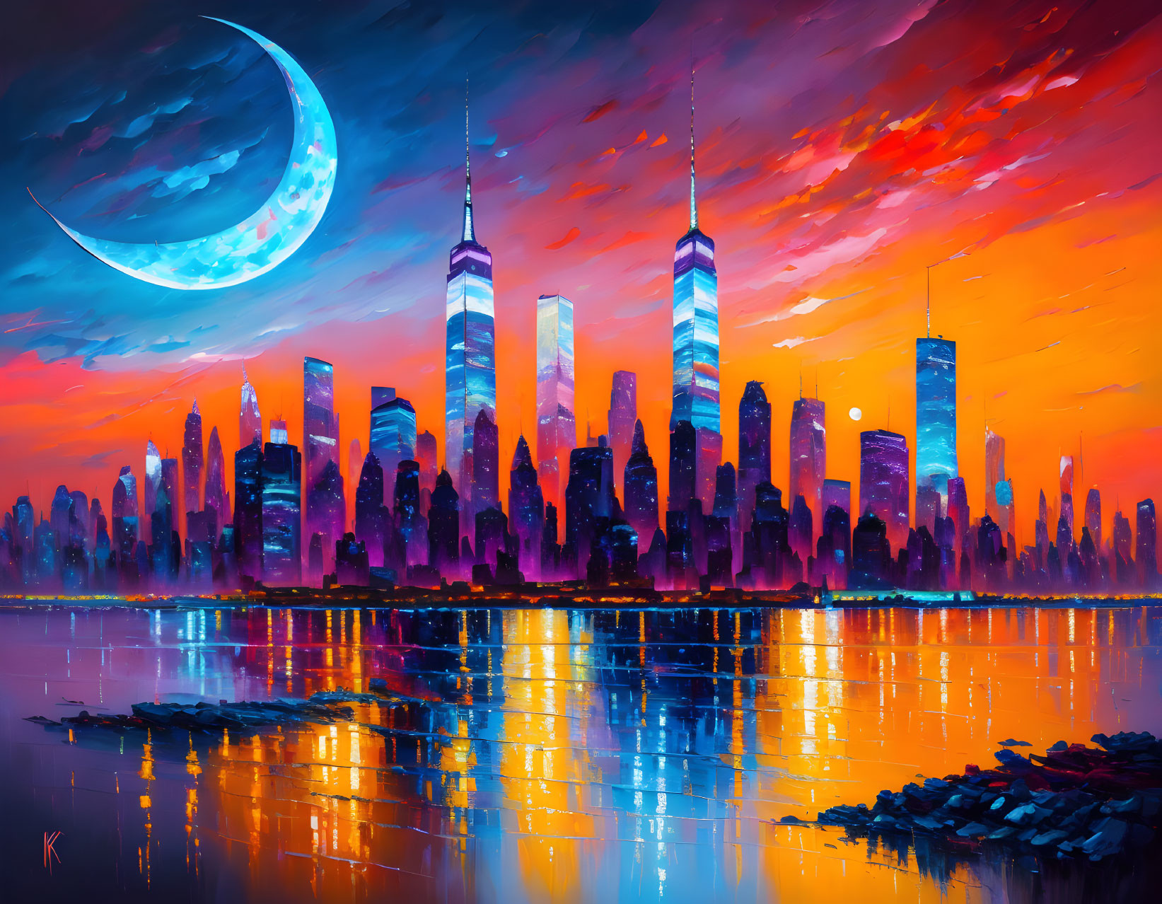 Colorful city skyline painting at sunset with water reflections and crescent moon.