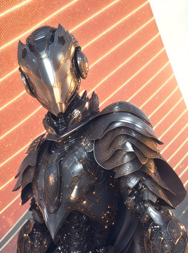 Sleek metallic armored robot with gold and black plating on glowing stripe background