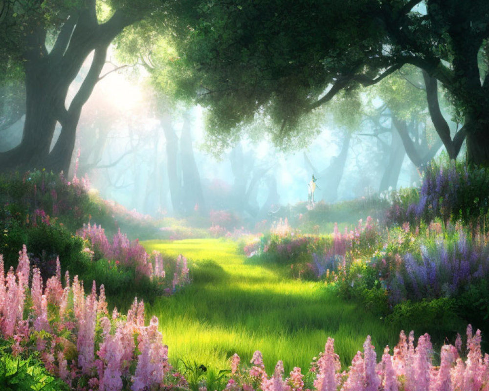 Tranquil Glade with Pink Flowers, Green Grass, Trees, and Figure in Ethereal Light