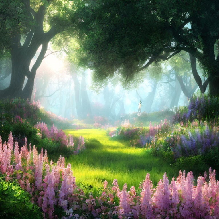 Tranquil Glade with Pink Flowers, Green Grass, Trees, and Figure in Ethereal Light