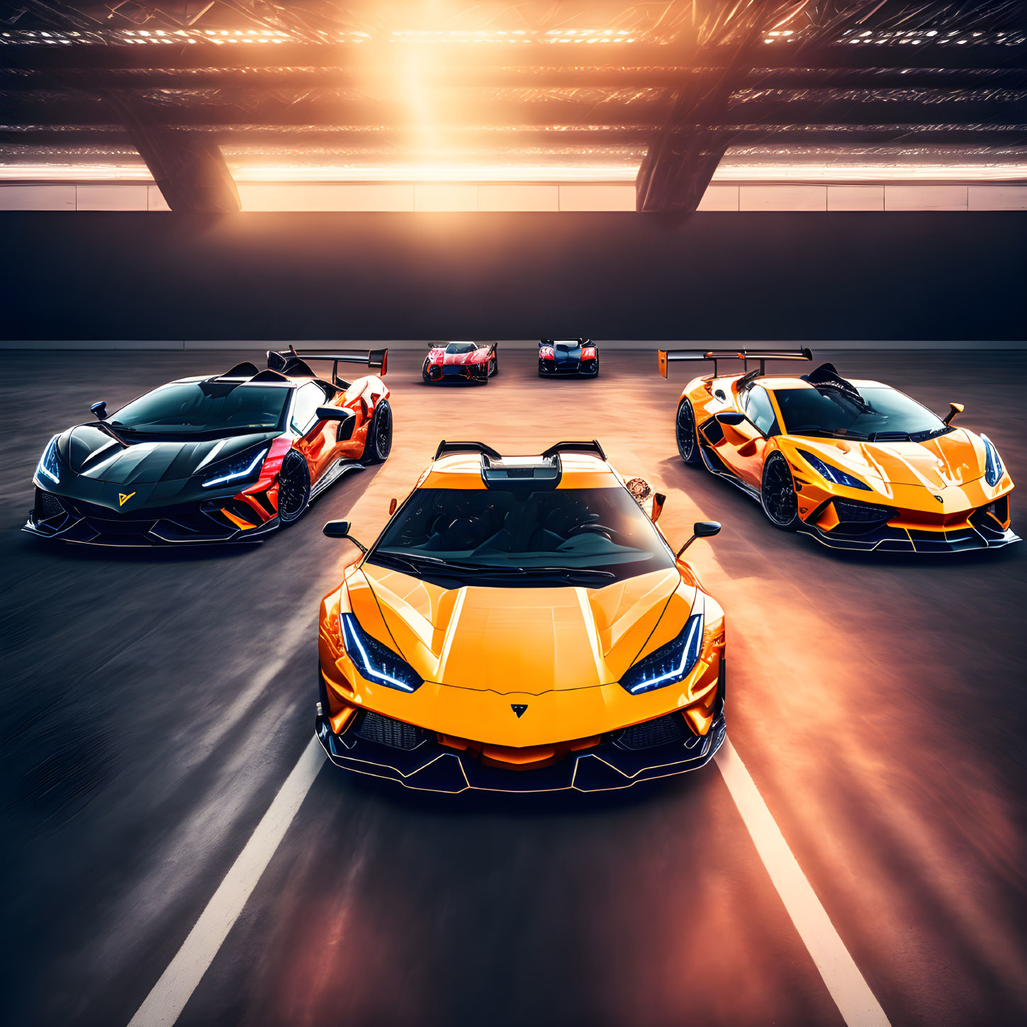 Five Luxury Sports Cars in Predominant Orange Theme Inside Modern Garage