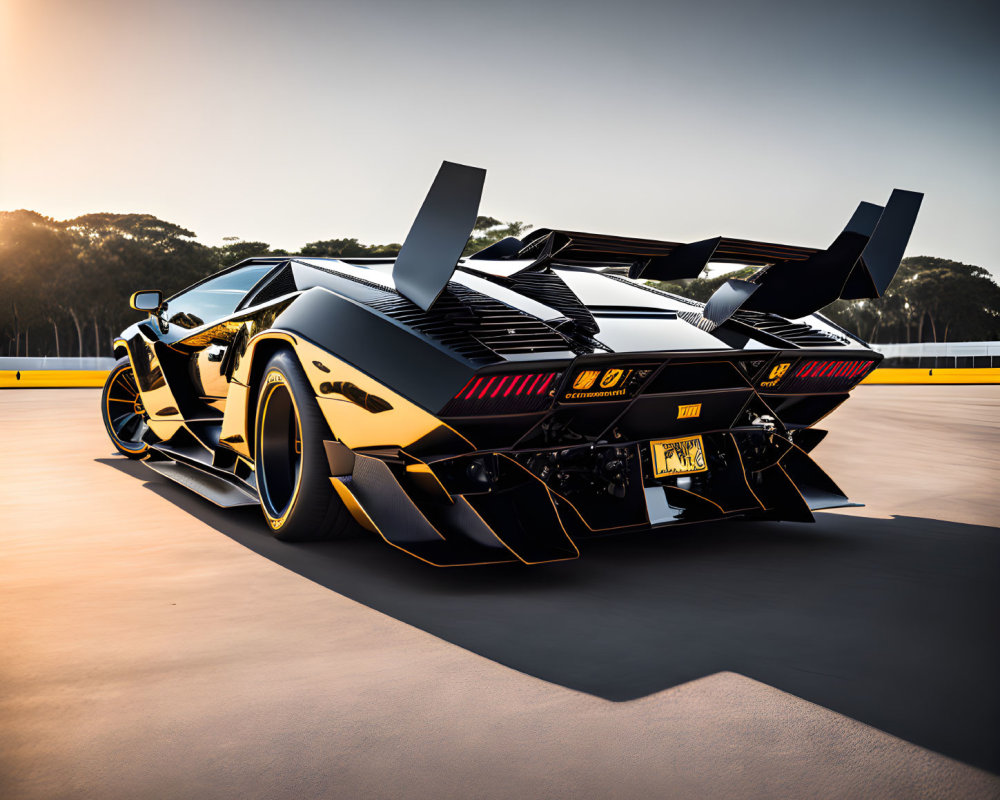 Black and Gold Sports Car with Large Rear Wing Parked on Asphalt at Sunset