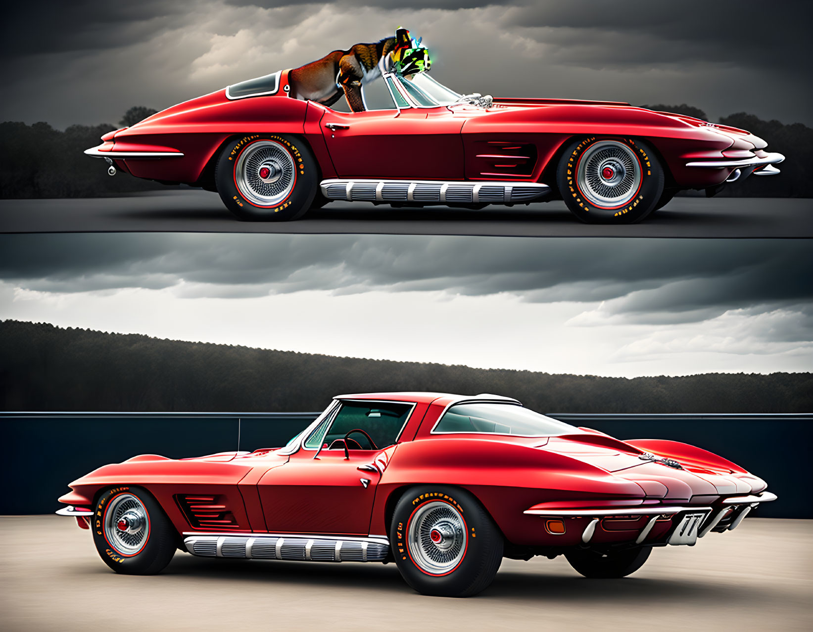 Vintage Red Corvette with Dog in Sunglasses and Without in Separate Images