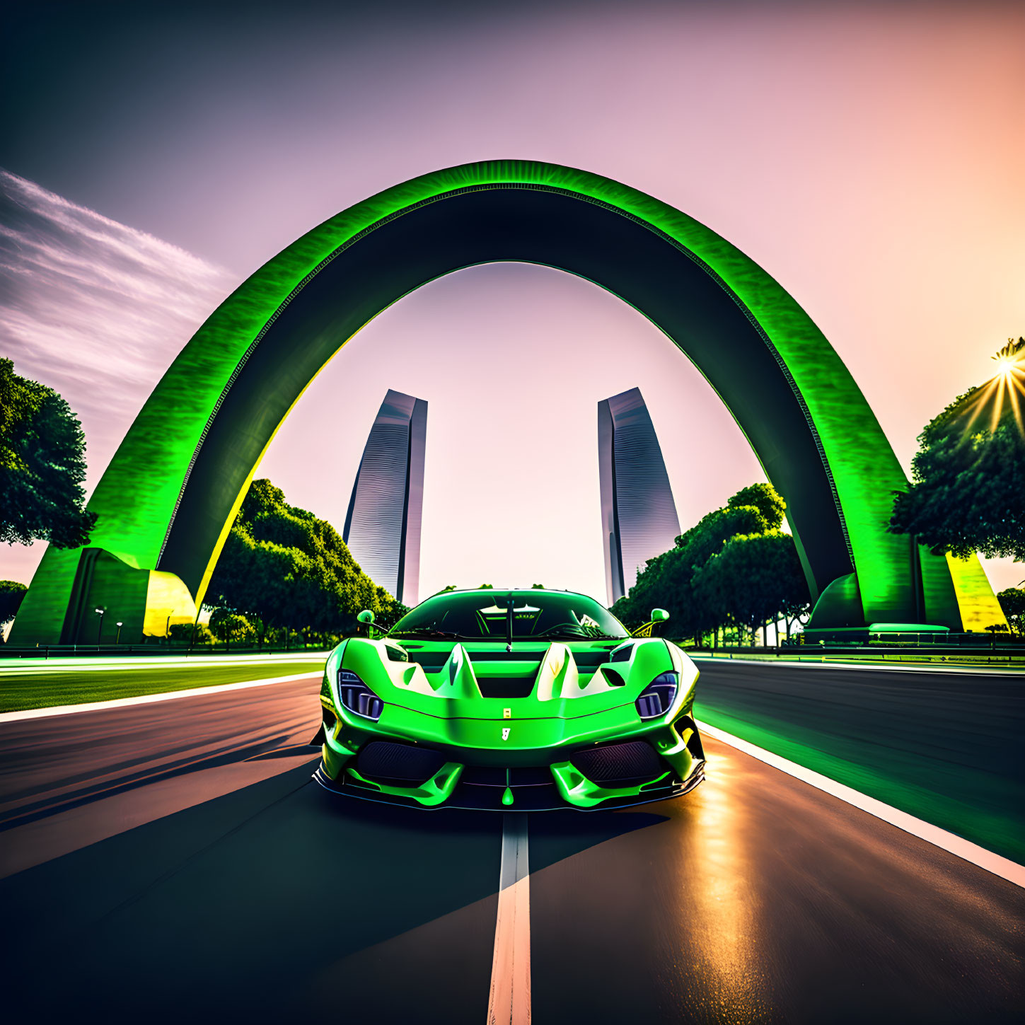 Vibrant green sports car on road with green arch structure at sunset