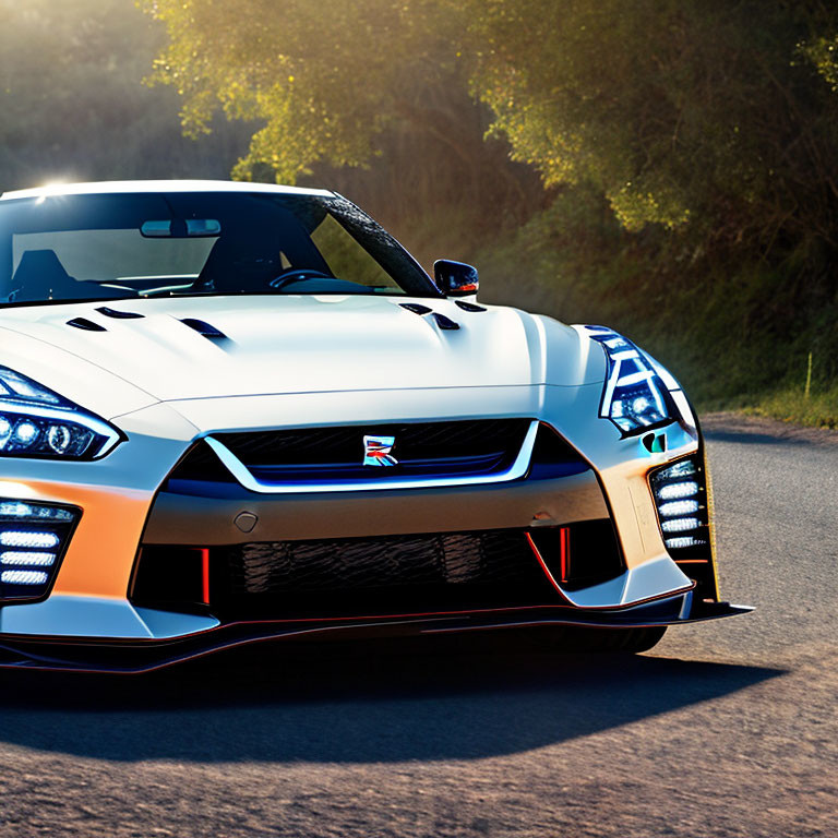 Silver sports car with sleek headlights and red-accented front splitter on road with blurred greenery background