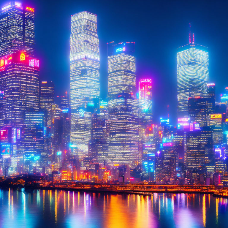 Night Cityscape: Vibrant Skyscrapers Reflected in Water