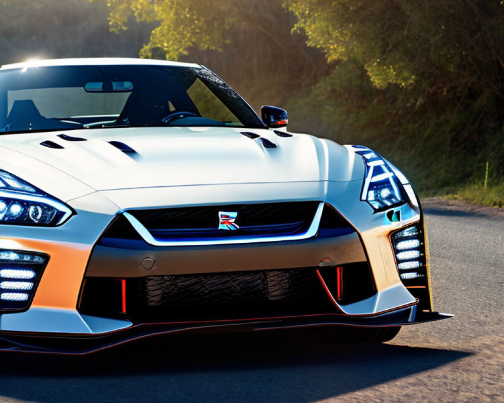 Silver sports car with sleek headlights and red-accented front splitter on road with blurred greenery background