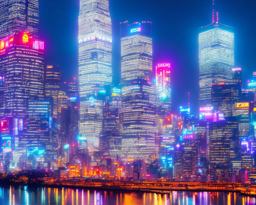 Night Cityscape: Vibrant Skyscrapers Reflected in Water