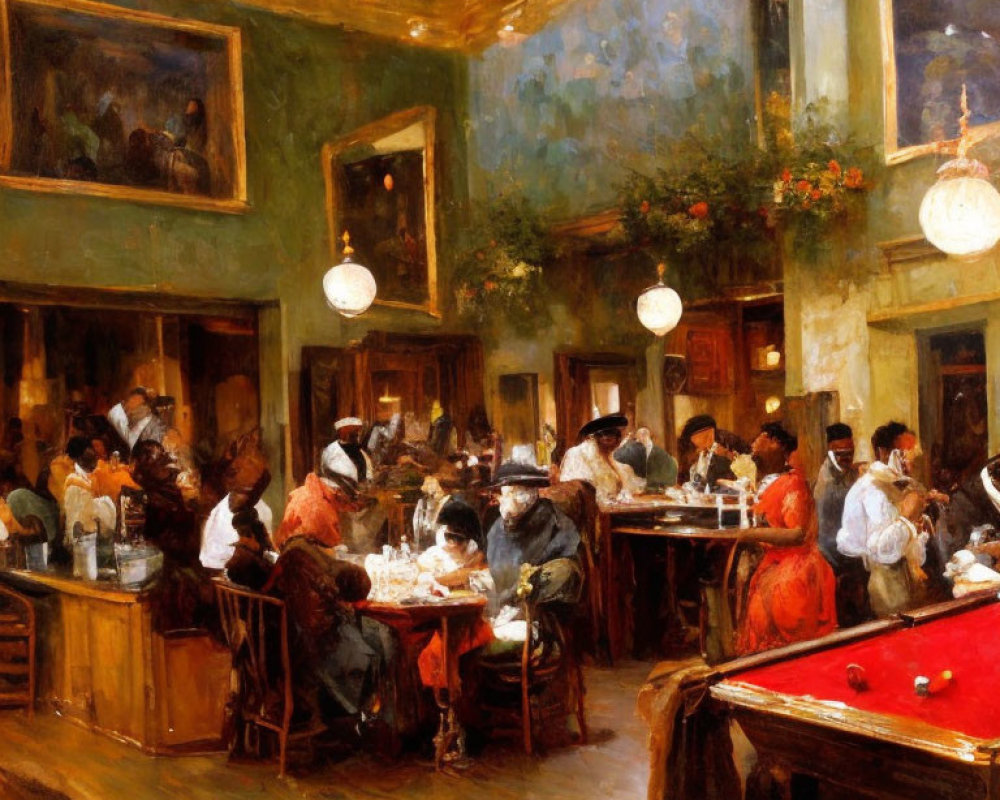 19th-Century Café Painting with Patrons and Billiards