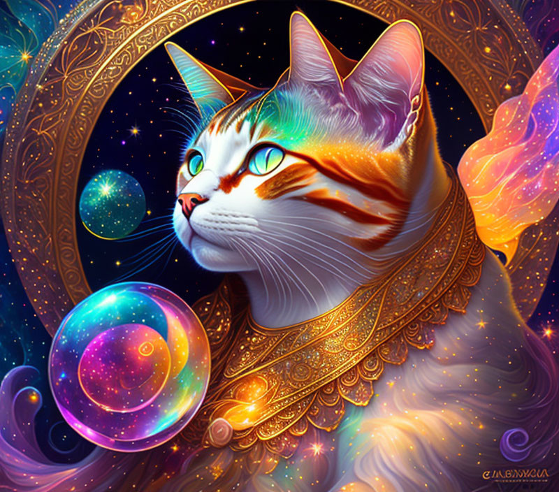 Colorful Cat Illustration with Cosmic Elements and Celestial Background