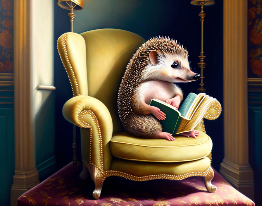 Hedgehog reading book in yellow armchair