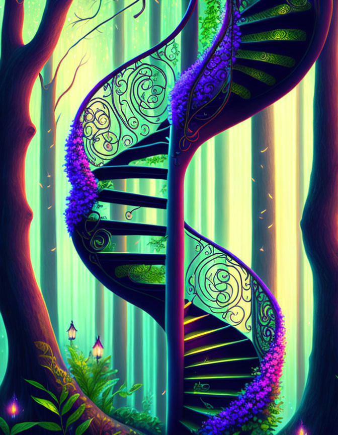 Illustration of spiral staircase around tree trunk in ethereal forest