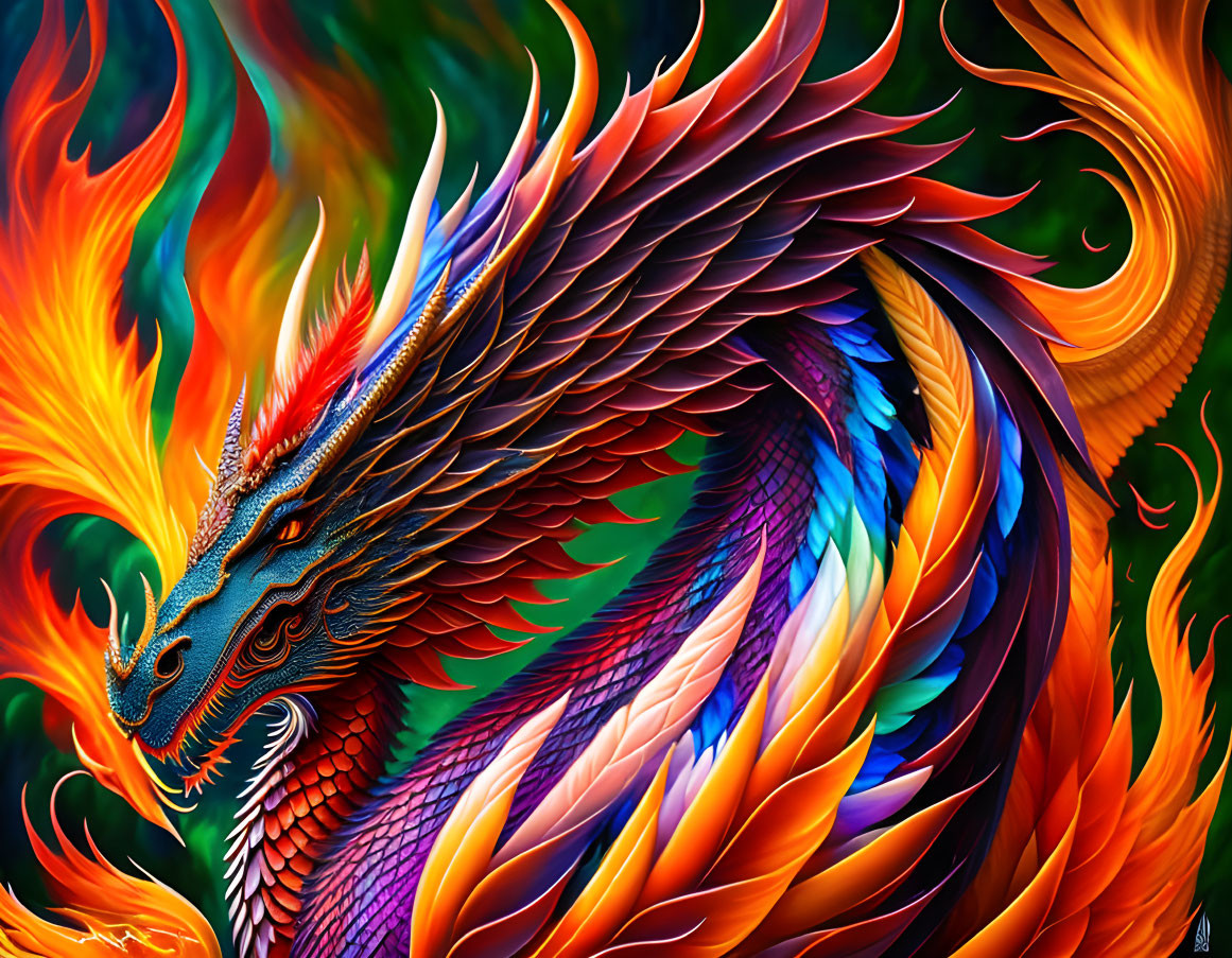 Colorful Mythical Dragon Illustration with Feather-like Scales and Stylized Flames