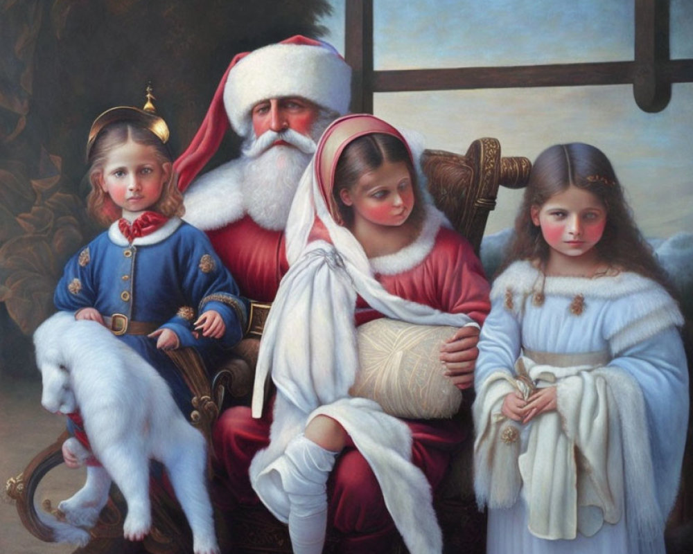 Vintage Santa Claus with Children and Lamb in Festive Setting