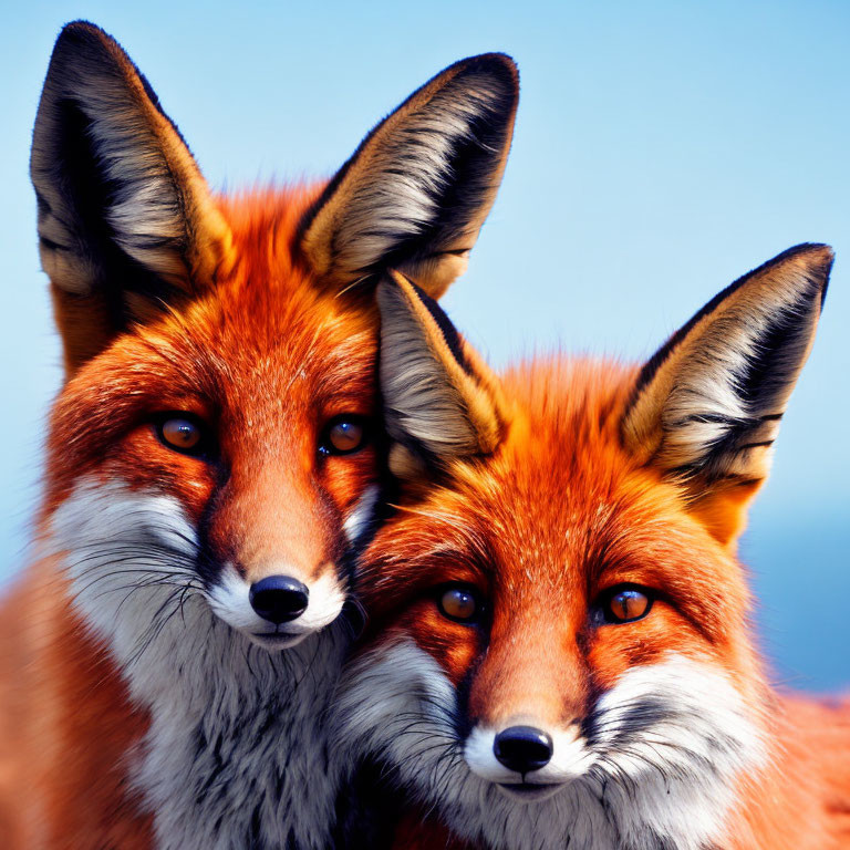 Two red foxes in close proximity against a blue background