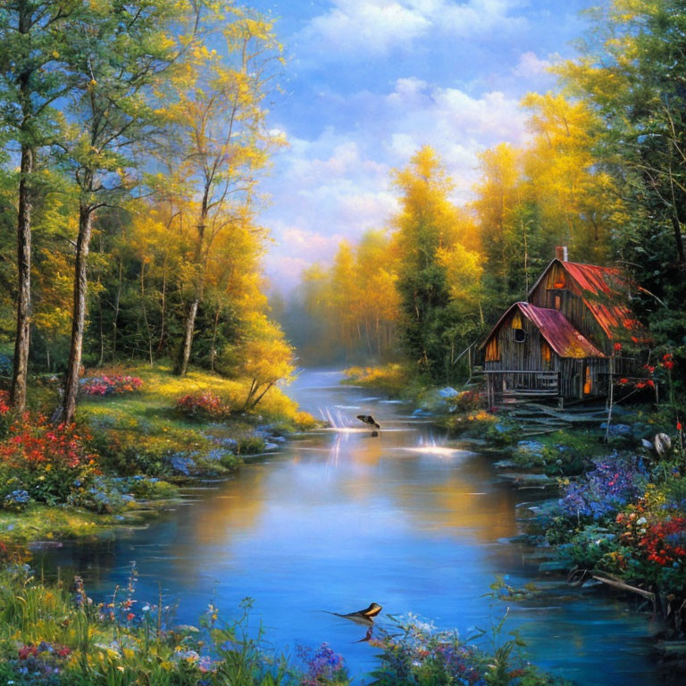 Tranquil river scene with flying duck, wildflowers, cabin, autumn trees, misty backdrop