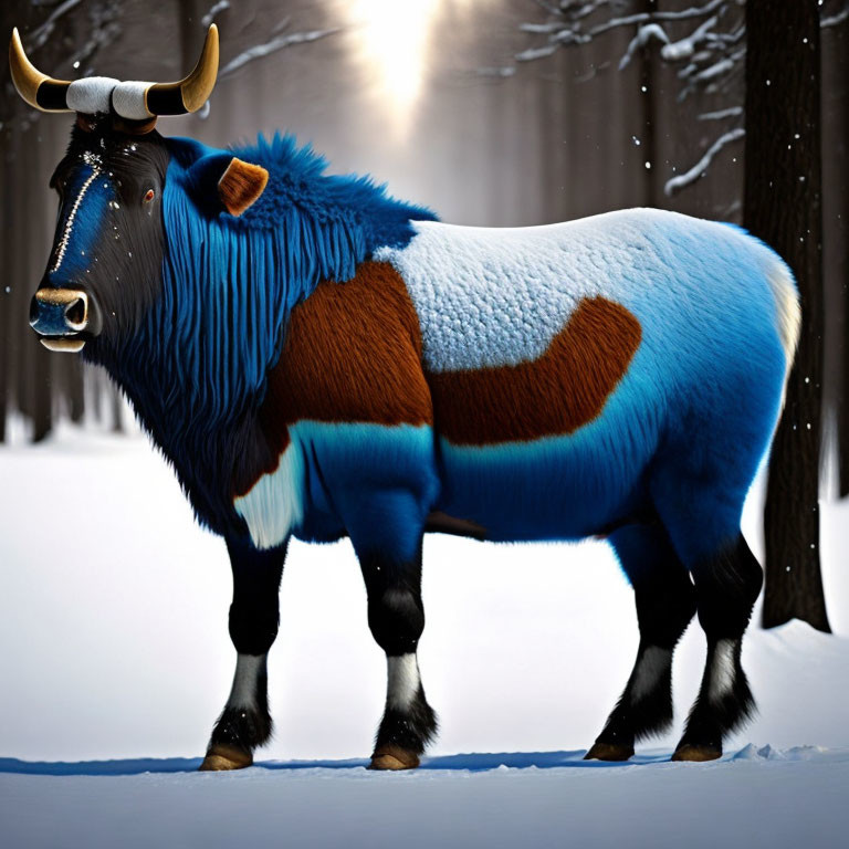 Digitally altered image of a yak with blue and white fur in snowy forest