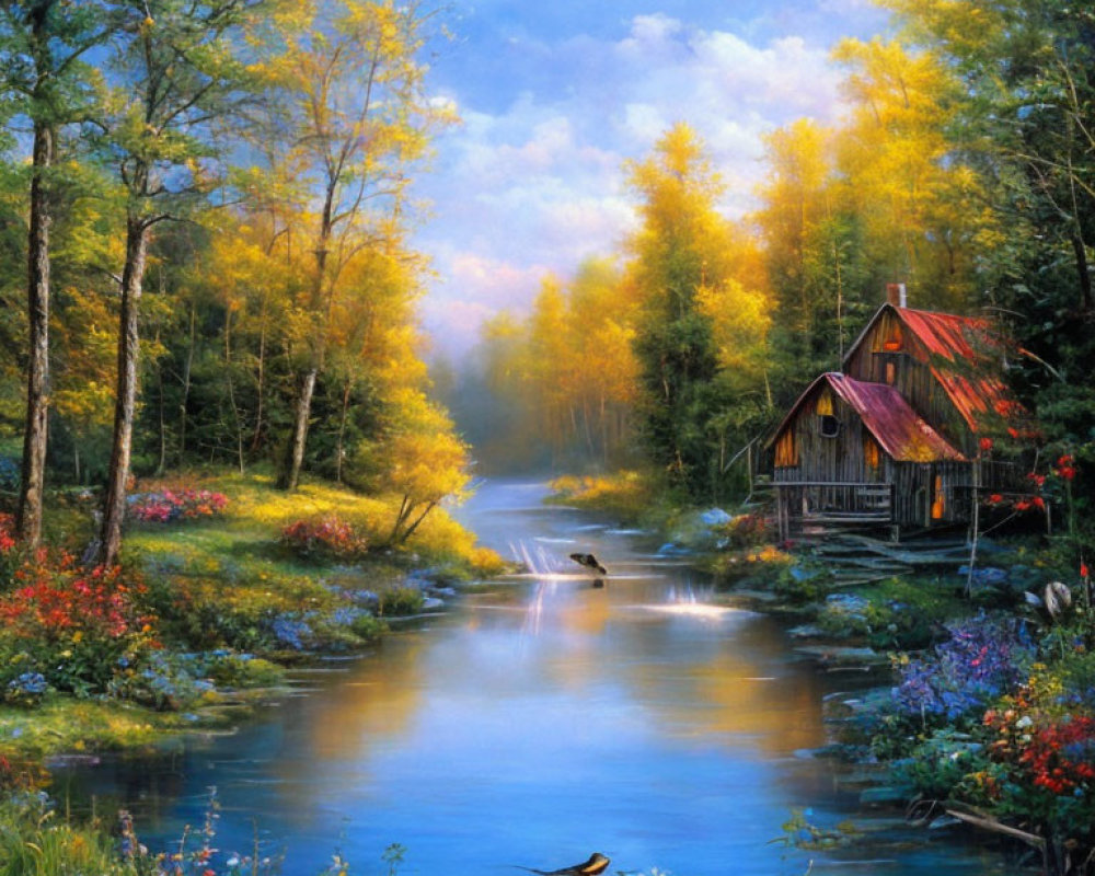 Tranquil river scene with flying duck, wildflowers, cabin, autumn trees, misty backdrop