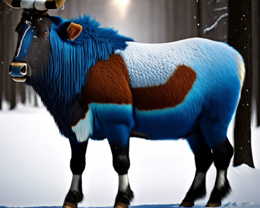 Digitally altered image of a yak with blue and white fur in snowy forest