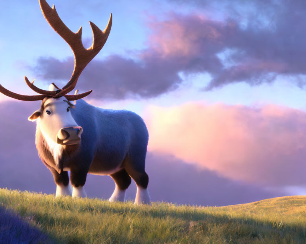 Animated reindeer on grassy hill at sunrise/sunset with purple clouds