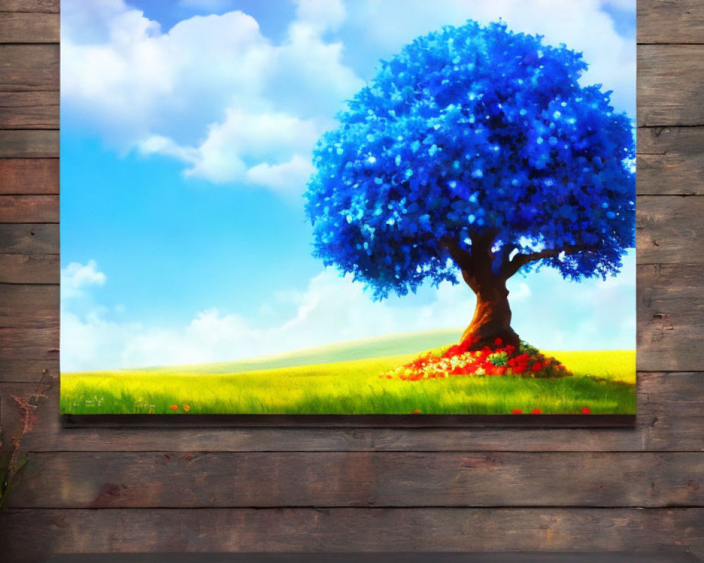 Colorful painting of a blue tree above a dresser