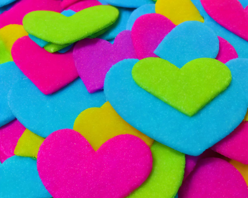 Colorful foam hearts on neon background: textured, overlapping sizes