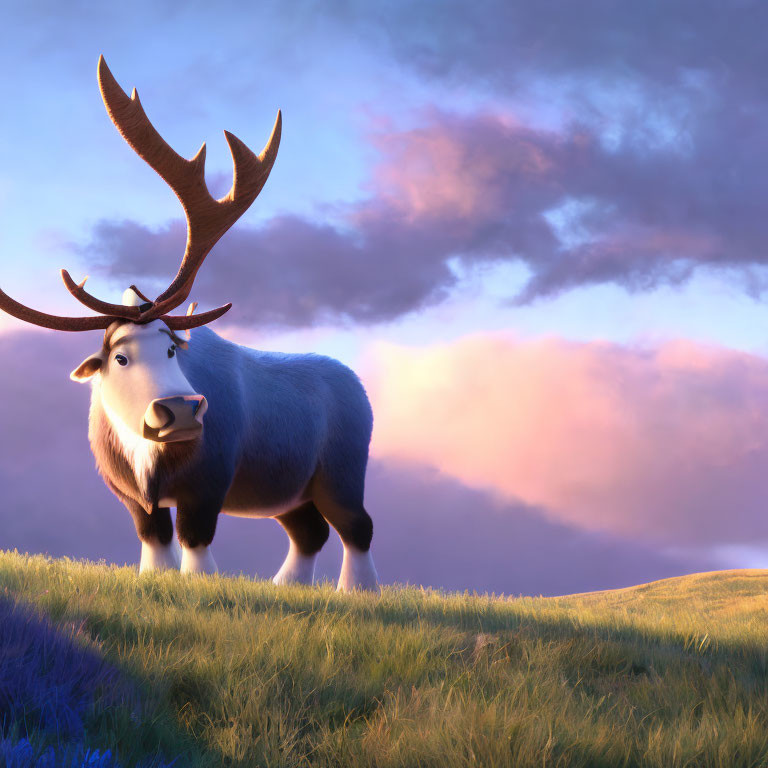 Animated reindeer on grassy hill at sunrise/sunset with purple clouds