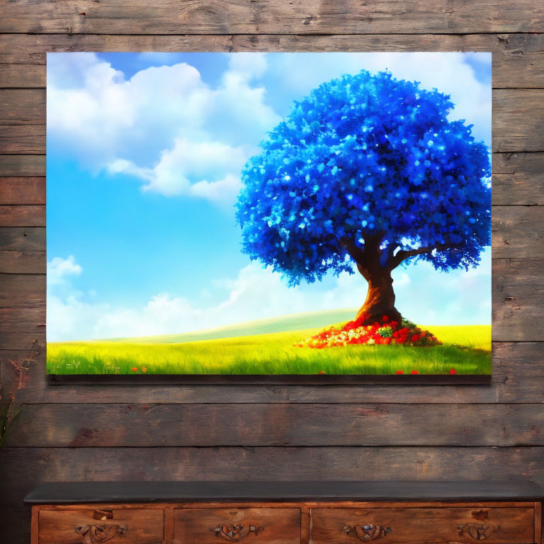 Colorful painting of a blue tree above a dresser