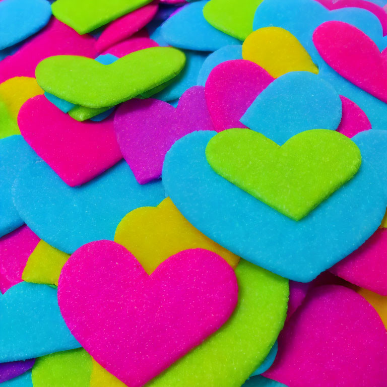 Colorful foam hearts on neon background: textured, overlapping sizes