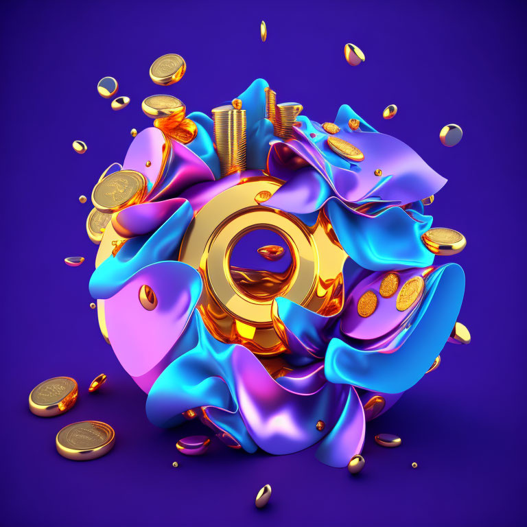 Golden coin with colorful liquid splash on purple background