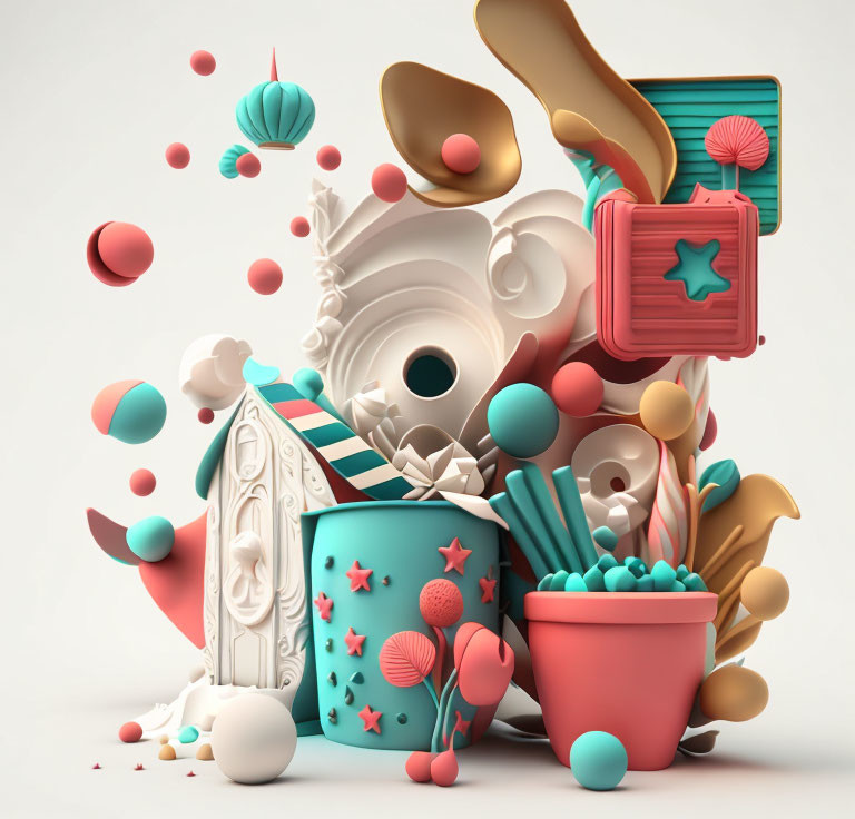 Colorful 3D art: Candy, lollipops, ice cream sculpture on light background