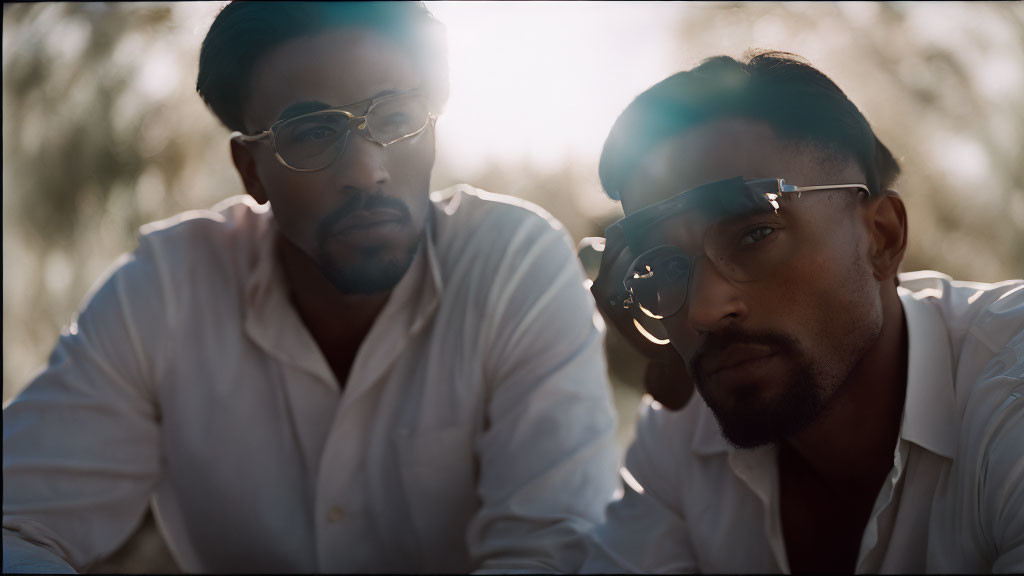 Two Men in White Shirts and Sunglasses Against Sunlit Background