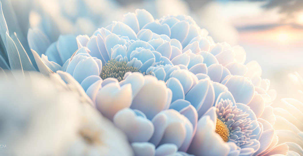 Delicate blue flowers against warm sunset backdrop