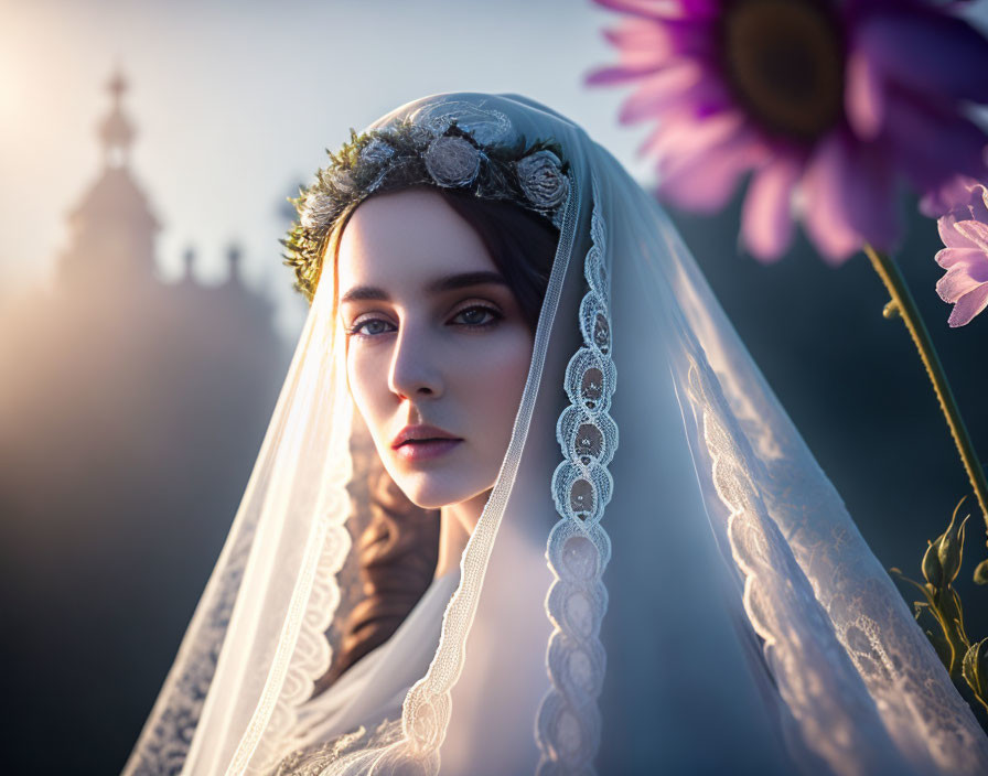 Bridal woman in veil and floral headpiece with soft sunlight and blurred flower.