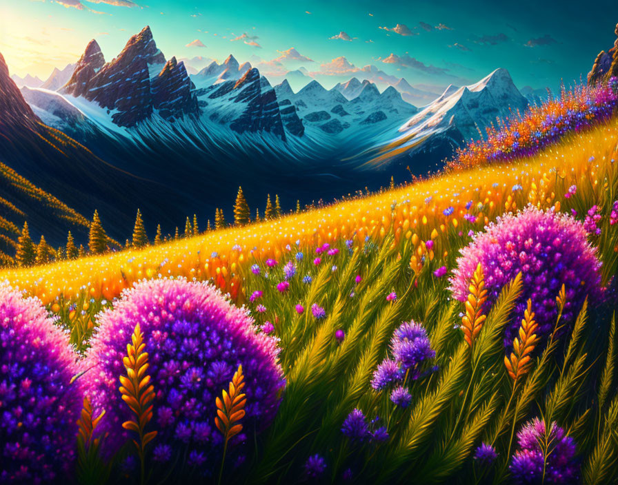 Colorful Meadow with Purple and Yellow Wildflowers and Snowy Mountain Peaks