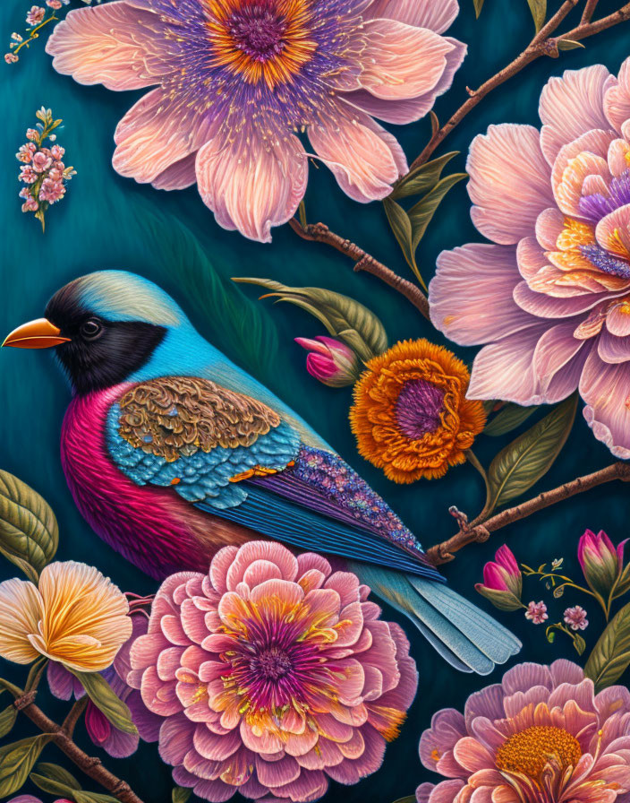 Colorful Bird Among Detailed Blossoms on Teal Background