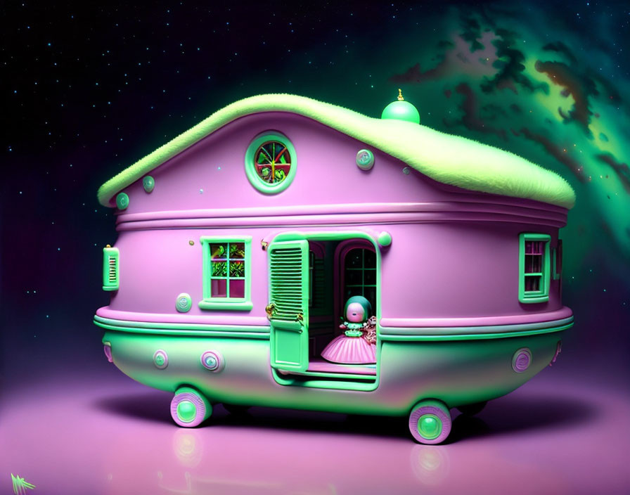 Purple caravan with green roof and skull figure under starry night sky.