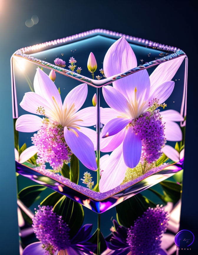 Digital Art: Transparent Cube with Purple Flowers and Moon