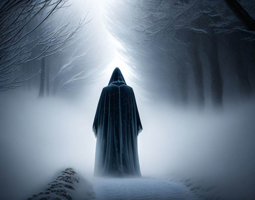 Cloaked figure on snowy path in misty forest