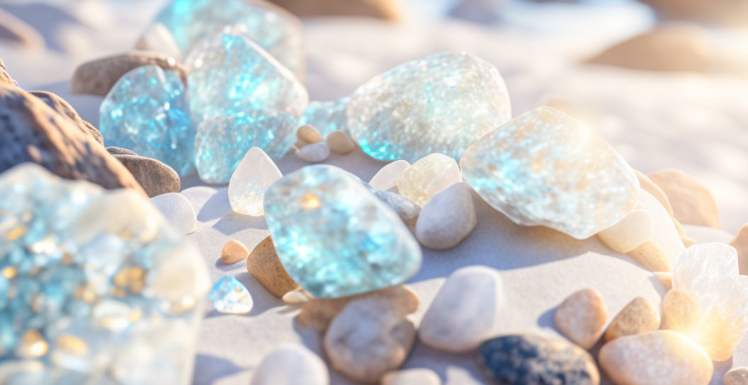 Blue Gemstones and Pebbles on Sandy Beach in Warm Sunlight