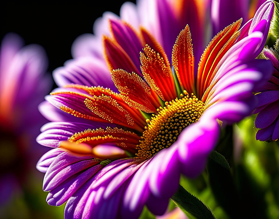 Detailed Close-Up of Purple and Orange Daisy-Like Flowers