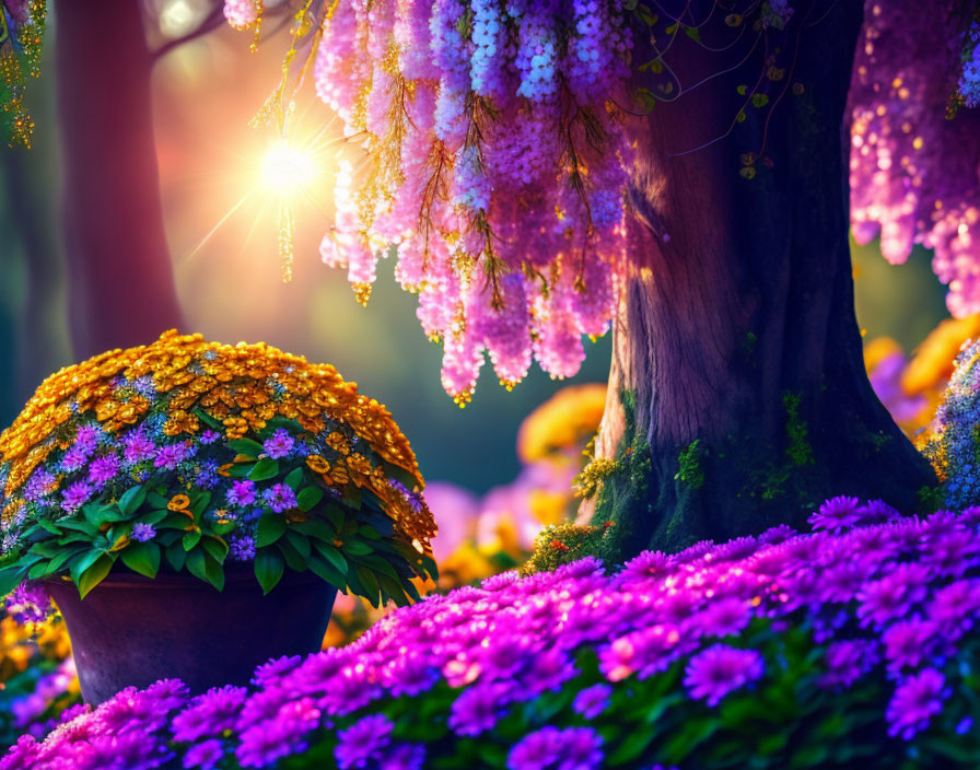 Colorful Garden Scene with Sunlight Through Tree and Blooming Flowers