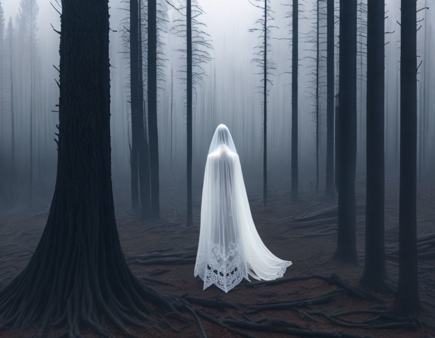 Ghostly figure in white cloak in foggy forest.