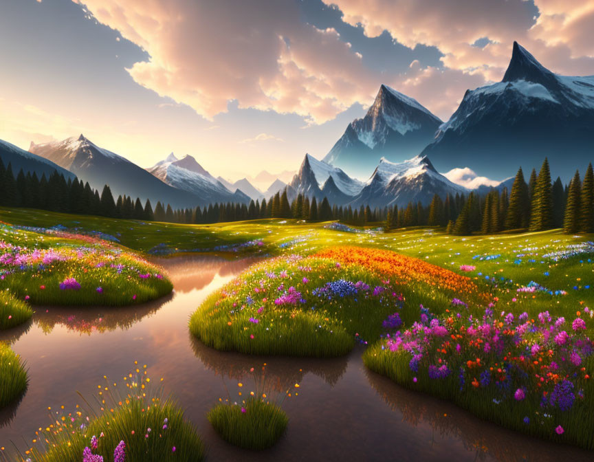 Scenic meadow with wildflowers, river, and snow-capped mountains at sunrise