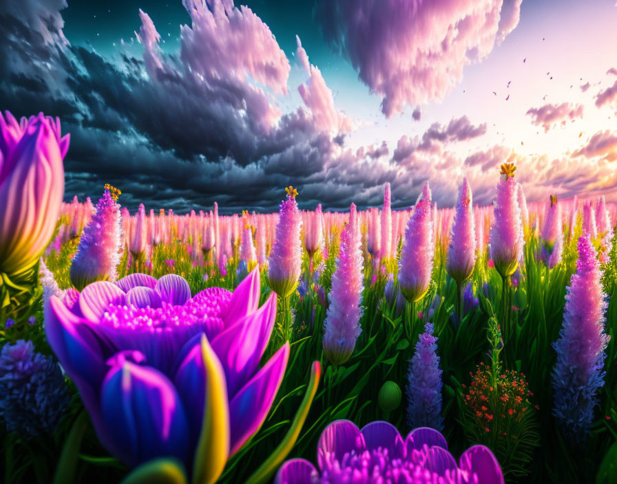 Colorful Flowers in Purple Hues Under Dramatic Dusk Sky