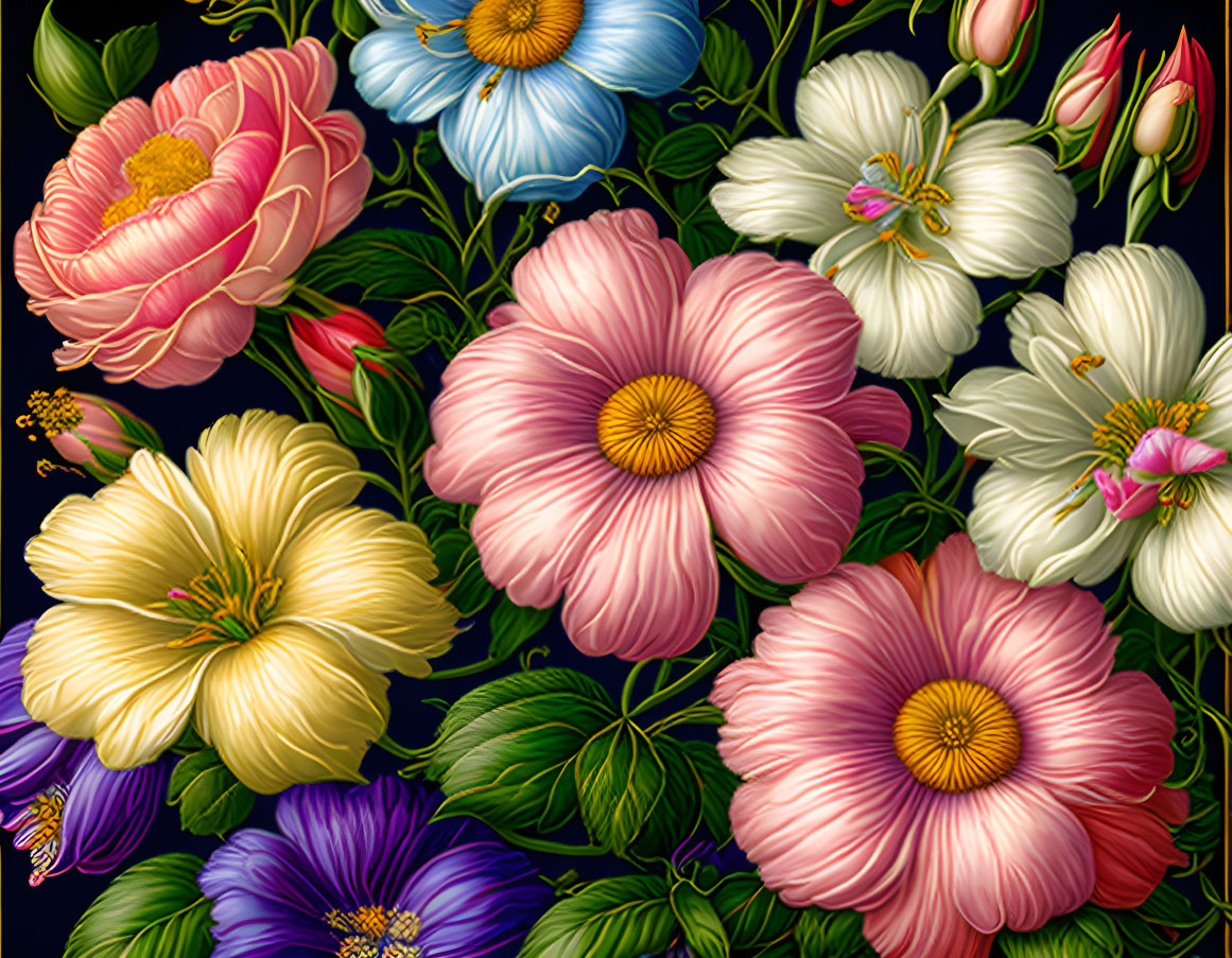 Colorful Floral Illustration on Dark Background with Intricate Details