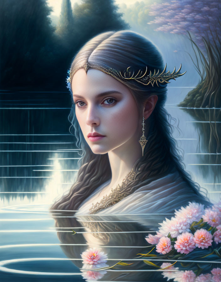 Woman with headpiece and earrings reflecting in water with waterfall and flowers