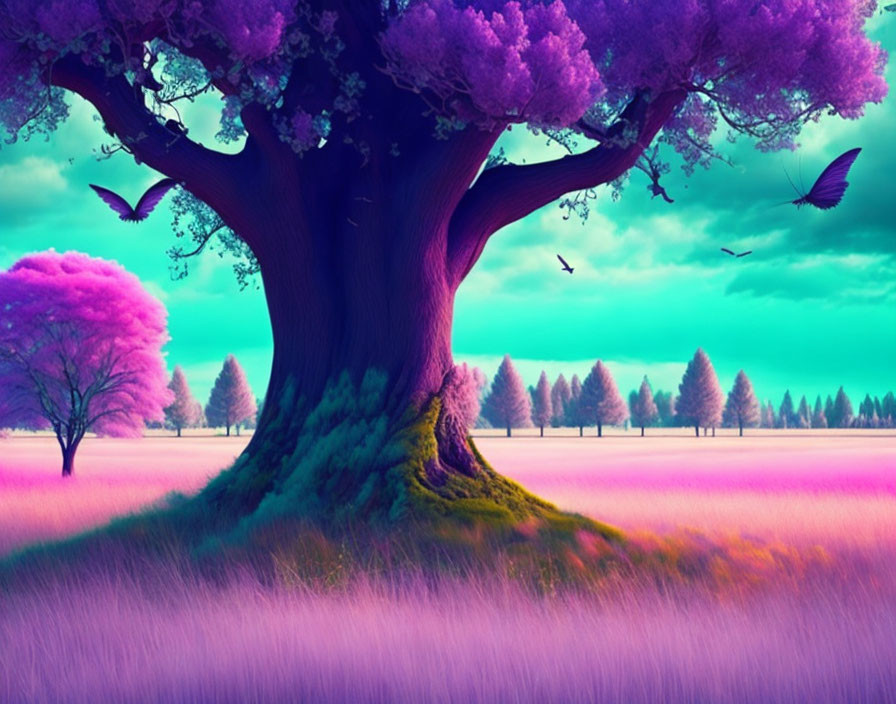 Fantasy landscape with large purple tree, smaller trees, birds, and purple sky