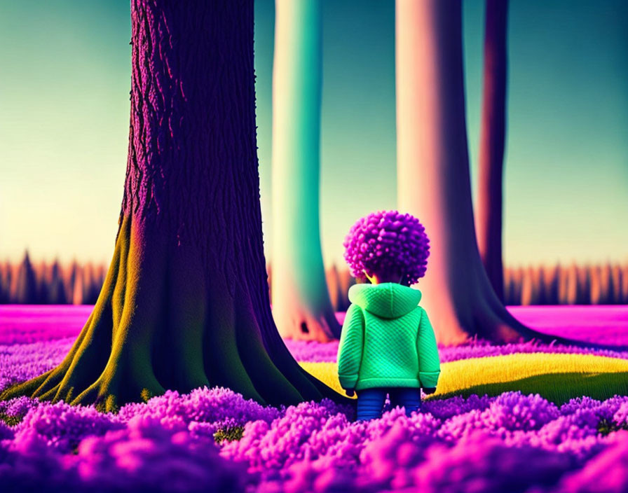 Character with Afro in Colorful Forest with Oversized Trees and Purple Flowers