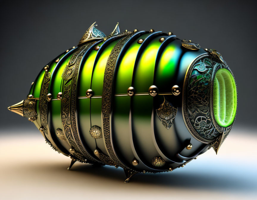 Cylindrical Ornate Object with Green Segments and Metallic Bands